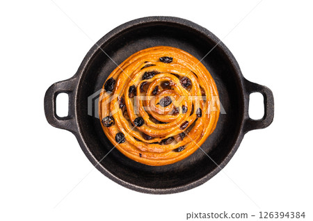 Baked Danish pastry, raisin bun isolated on white background. top view Baked Danish pastry, raisin bun isolated on white background. top view 126394384
