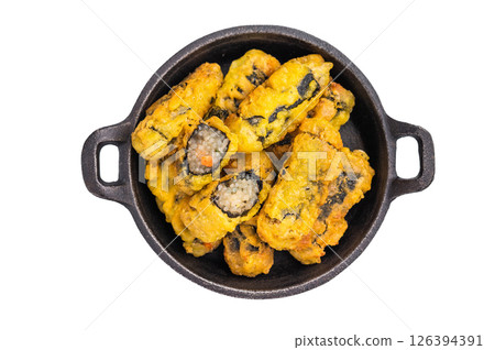 Korean Crispy seaweed noodle rolls Gimmari deep-fried seaweed rice rolls. isolated on white background. top view Korean Crispy seaweed noodle rolls Gimmari deep-fried seaweed rice rolls. isolated on white background. top view 126394391