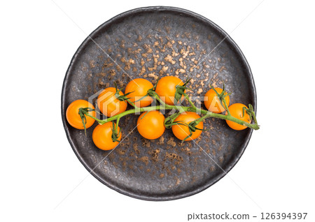 Fresh small yellow cherry tomatoes assortment, mini organic cocktail tomate mix isolated on white background. top view Fresh small yellow cherry tomatoes assortment, mini organic cocktail tomate mix isolated on white background. top view 126394397