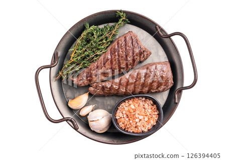 Grilled Mutton tenderloin fillet steak, lamb meat with herbs isolated on white background. top view 126394405