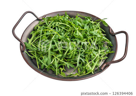 Lush rocket greens, showcasing their unique shape and rich color. A delightful addition to any dish. isolated on white background. top view 126394406