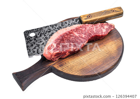 Freshly sourced picanha cut or rump cap steak, raw meat waiting to be transformed into a mouthwatering dish. isolated on white background. top view Freshly sourced picanha cut or rump cap steak, raw meat waiting to be transformed into a mouthwatering dish. isolated on white background. top view 126394407