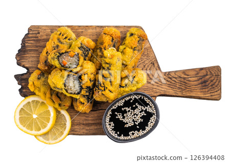 Gimmari, korean deep fried snack, seawed rolls and noodles glass. isolated on white background. top view Gimmari, korean deep fried snack, seawed rolls and noodles glass. isolated on white background. top view 126394408