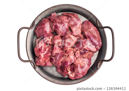 Raw poultry liver, chicken offals beautifully displayed, ready for seasoning. A nutritious ingredient ideal for gourmet dishes and traditional recipes. isolated on white background. top view 126394411