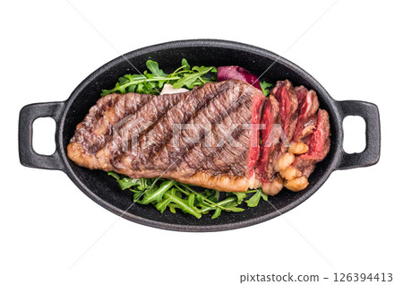 Grill Top Sirloin beef steak, rump steak with salad on a plate. isolated on white background. top view 126394413