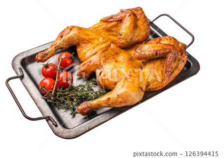 Baked chicken Spatchcock with spices, poultry meat on steel tray isolated on white background. top view 126394415
