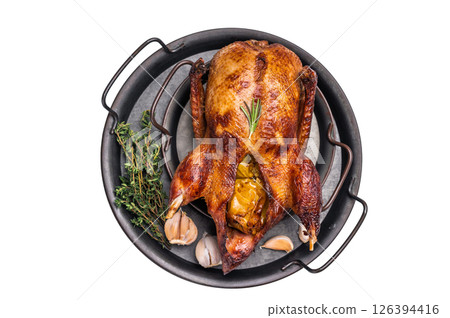 Roasted whole goose on steel tray isolated on white background. top view 126394416