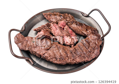 Grilled Beef hanging Steak, prime meat isolated on white background. top view 126394419