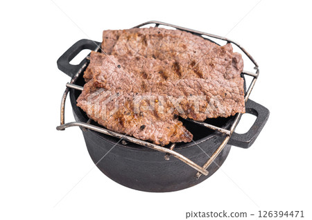 Flavorful yakiniku with juicy wagyu beef slices cooked right at the table. isolated on white background. top view 126394471