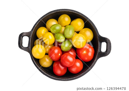 Uncooked small tomatoes. red, green and yellow cherry tomatoes assortment, cocktail mix isolated on white background. top view 126394478