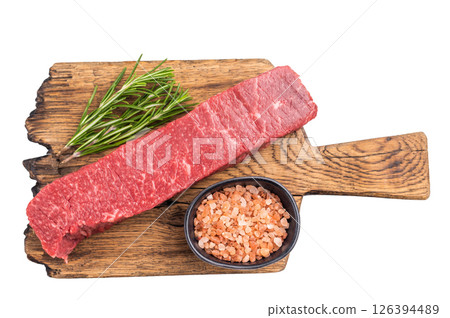 Juicy raw Kobe style beef, renowned for its exceptional flavor and tenderness. Perfect for preparing mouthwatering steaks or sashimi. isolated on white background. top view 126394489
