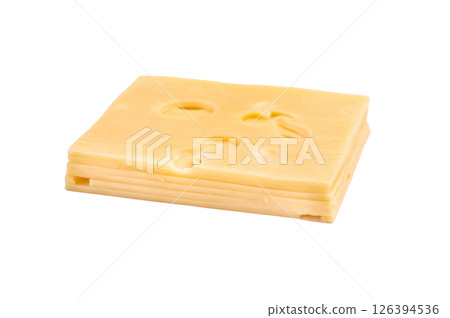 Maasdam cheese slices isolated on white background. top view 126394536