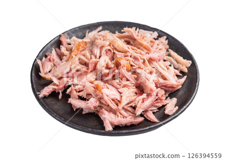 Spicy shredded or Pulled Chicken meat on plate isolated on white background 126394559