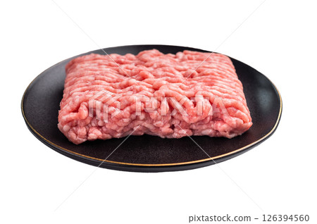 Raw mince beef meat, fresh mincemeat in plate isolated on white background. top view 126394560