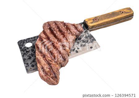 Grilled Denver steak, perfectly seared with beautiful grill marks, showcasing its juicy tenderness and rich flavor. isolated on white background. top view 126394571