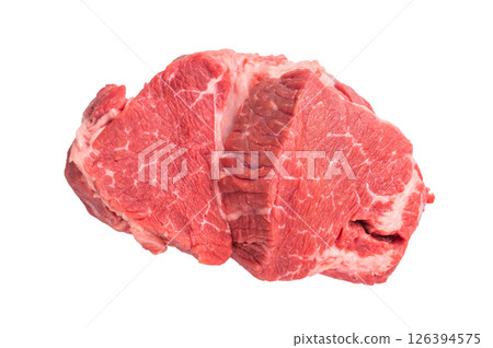 Raw beef boneless shank shin meat with herbs and spices. isolated on white background. top view Raw beef boneless shank shin meat with herbs and spices. isolated on white background. top view 126394575