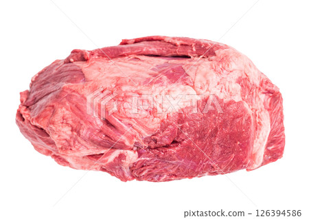 Close-up of raw boneless beef shank cuts, highlighting their tender texture and vibrant hue, ideal for culinary enthusiasts seeking quality ingredients. isolated on white background. top view Close-up of raw boneless beef shank cuts, highlighting their tender texture and vibrant hue, ideal for culinary enthusiasts seeking quality ingredients. isolated on white background. top view 126394586