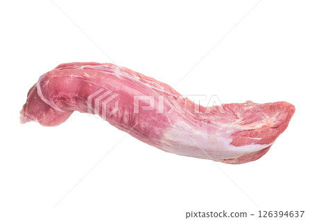 Fresh pork tenderloin fillet, showcasing its lean cut, perfect for marinating and grilling to juicy perfection. isolated on white background. top view 126394637