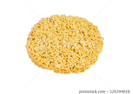 Raw instant ramen noodles, perfectly twisted and ready to be boiled for a delicious homemade soup. isolated on white background. top view Raw instant ramen noodles, perfectly twisted and ready to be boiled for a delicious homemade soup. isolated on white background. top view 126394638