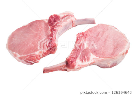 Fresh pork Chop Tomahawk steak, showcasing its impressive bone and marbled meat, perfect for grilling or roasting. isolated on white background. top view Fresh pork Chop Tomahawk steak, showcasing its impressive bone and marbled meat, perfect for grilling or roasting. isolated on white background. top view 126394643