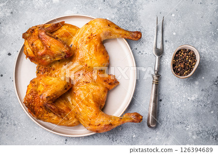 Roasted Spatchcock Chicken, poultry meat. grey background. top view 126394689
