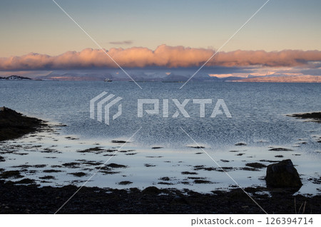 Mountains with snow in sunrise, Hamnvik, Norway Mountains with snow in sunrise, Hamnvik, Norway 126394714
