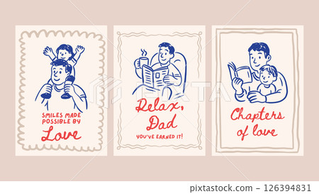 Happy Fathers Day Dad Greeting Doodle Vintage Sketch Card Set. Holiday Vector Chalk Relax Reading Poste Happy Fathers Day Dad Greeting Doodle Vintage Sketch Card Set. Holiday Vector Chalk Relax Reading Poste 126394831