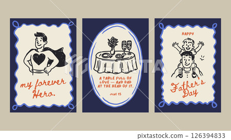 Happy Fathers Day Dad Greeting Doodle Vintage Sketch Card Set. Holiday Vector Chalk Superhero Hero Dad, Dinner Poster 126394833