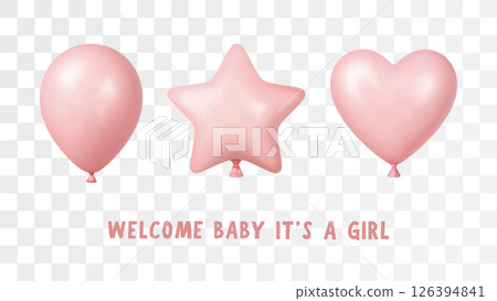 3d Pink Balloon Birthday Party Vector Girl Baby Shower Background Realistic Happy Helium Star Heart Love Baloon Card Set 126394841