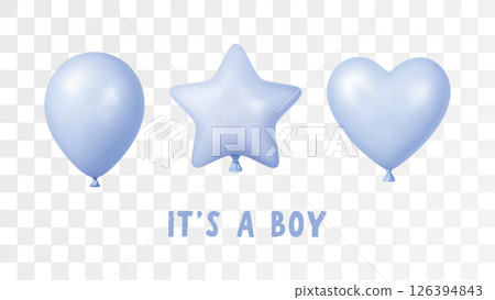 3d Blue Balloon Birthday Party Vector Boy Baby Shower Background Realistic Happy Helium Star Heart Love Baloon Card Set 126394843