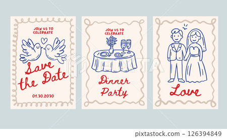 Doodle Wedding Sketch Card Set Love Romantic Hand Drawn Chalk Greeting Banner Vintage Vector Save The Date Party Dinner Birde Bride Collection 126394849