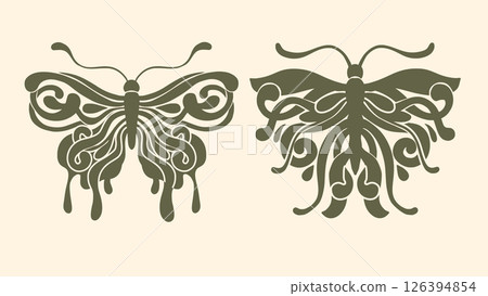 Art Nouveau Butterfly Vintage Ornament Vector Baroque Floral Motif Boho Bohemian Antique Card 126394854