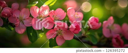 Colorful spring blossoms framed by vibrant green grass, bathed in gentle sunlight 126395272