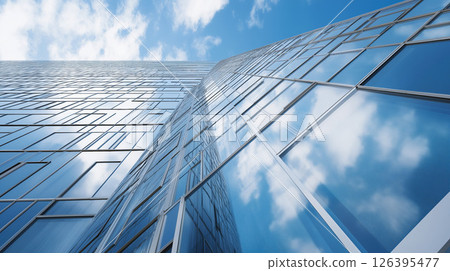 Glass-clad skyscrapers towering into the blue sky 126395477
