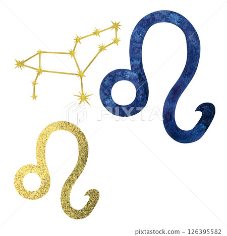 Blue and gold Leo zodiac symbol with gold foil texture, golden constellation isolated on white background. Watercolor set illustration template for astrological design, cards, calendars, horoscopes Blue and gold Leo zodiac symbol with gold foil texture, golden constellation isolated on white background. Watercolor set illustration template for astrological design, cards, calendars, horoscopes 126395582