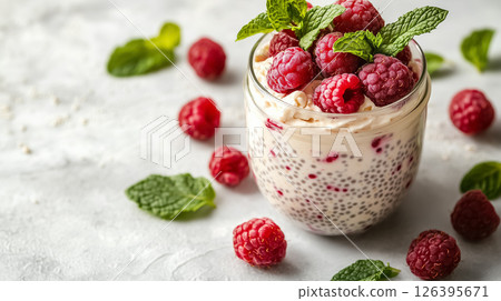 A jar of creamy chia pudding topped with fresh raspberries and mint leaves, placed on a clean white table with soft natural light, concept of healthy eating A jar of creamy chia pudding topped with fresh raspberries and mint leaves, placed on a clean white table with soft natural light, concept of healthy eating 126395671