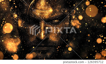 A golden, brave man's face and golden bokeh balls emerge on a black background 126395712