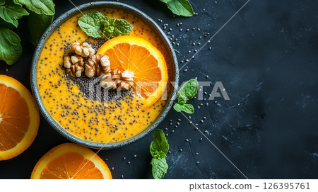 A vibrant orange chia pudding infused with turmeric and topped with orange slices and walnuts, natural lighting and minimal decoration, concept of healthy eating A vibrant orange chia pudding infused with turmeric and topped with orange slices and walnuts, natural lighting and minimal decoration, concept of healthy eating 126395761