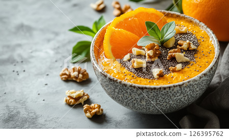 A vibrant orange chia pudding infused with turmeric and topped with orange slices and walnuts, natural lighting and minimal decoration, concept of healthy eating A vibrant orange chia pudding infused with turmeric and topped with orange slices and walnuts, natural lighting and minimal decoration, concept of healthy eating 126395762