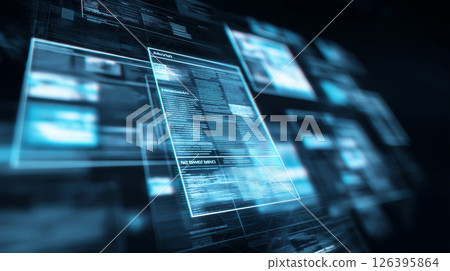 Visual of a futuristic cyberspace where digital information flies around 126395864