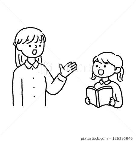 Children and girls asking questions to teachers Line drawing Children and girls asking questions to teachers Line drawing 126395946
