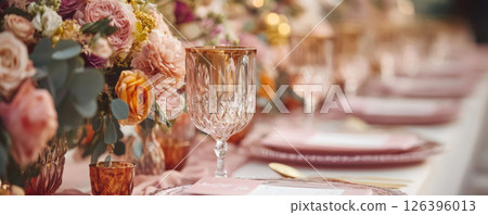 Romantic garden table setup with pastel florals 126396013