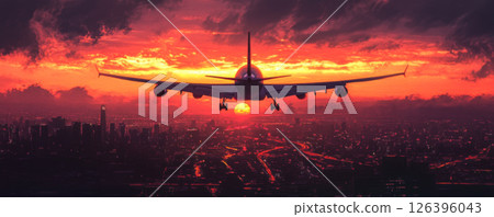 Airplane Silhouette Over Modern Skyline at Sunset 126396043