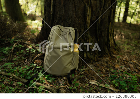 Backpack Resting Against Tree Trunk in Forest During Outdoor Hike or Camping Adventure 126396303