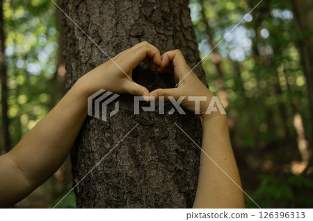 Hands Forming Heart Shape on Tree Trunk Symbolizing Love for Nature and Forest Conservation 126396313