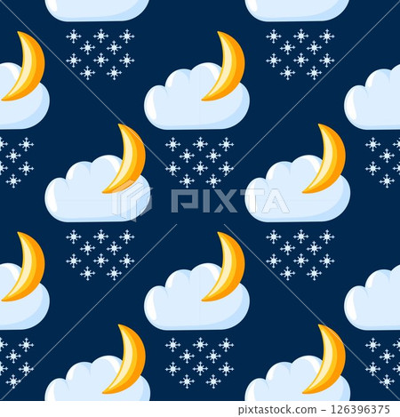 Seamless pattern with winter weather icon clouds, moon and snowflakes in cartoon style. Design is perfect for seasonal projects, winter designs and wrapping on a dark blue background. Seamless pattern with winter weather icon clouds, moon and snowflakes in cartoon style. Design is perfect for seasonal projects, winter designs and wrapping on a dark blue background. 126396375