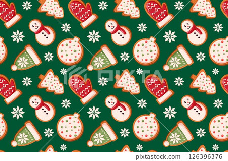 Seamless Christmas gingerbread cookie pattern with festive bakery snowman, mitten, hat, tree and snowflake on green background. Cartoon style illustration for holiday, wrapping paper and seasonal Seamless Christmas gingerbread cookie pattern with festive bakery snowman, mitten, hat, tree and snowflake on green background. Cartoon style illustration for holiday, wrapping paper and seasonal 126396376