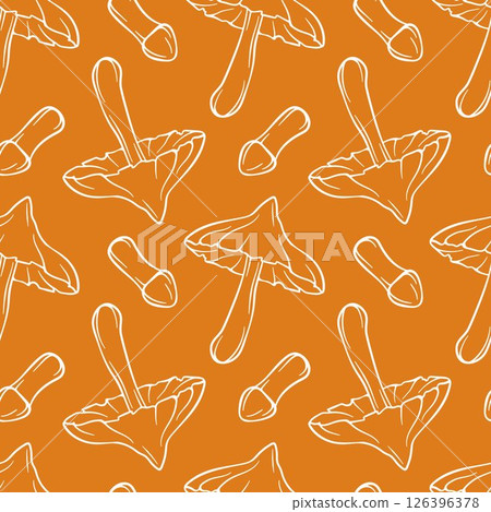 Seamless pattern of inedible mushroom Deadly webcap in line art style for textile and decor. Decorative backdrop for wallpaper, wrapping, fabric on a orange background. 126396378