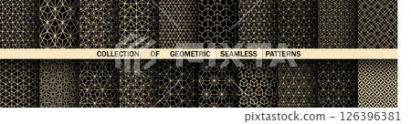 Geometric set of seamless black and golden patterns. Simple vector graphics 126396381