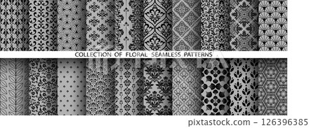 Geometric floral set of seamless patterns. Gray and black vector backgrounds. Damask graphic ornaments 126396385